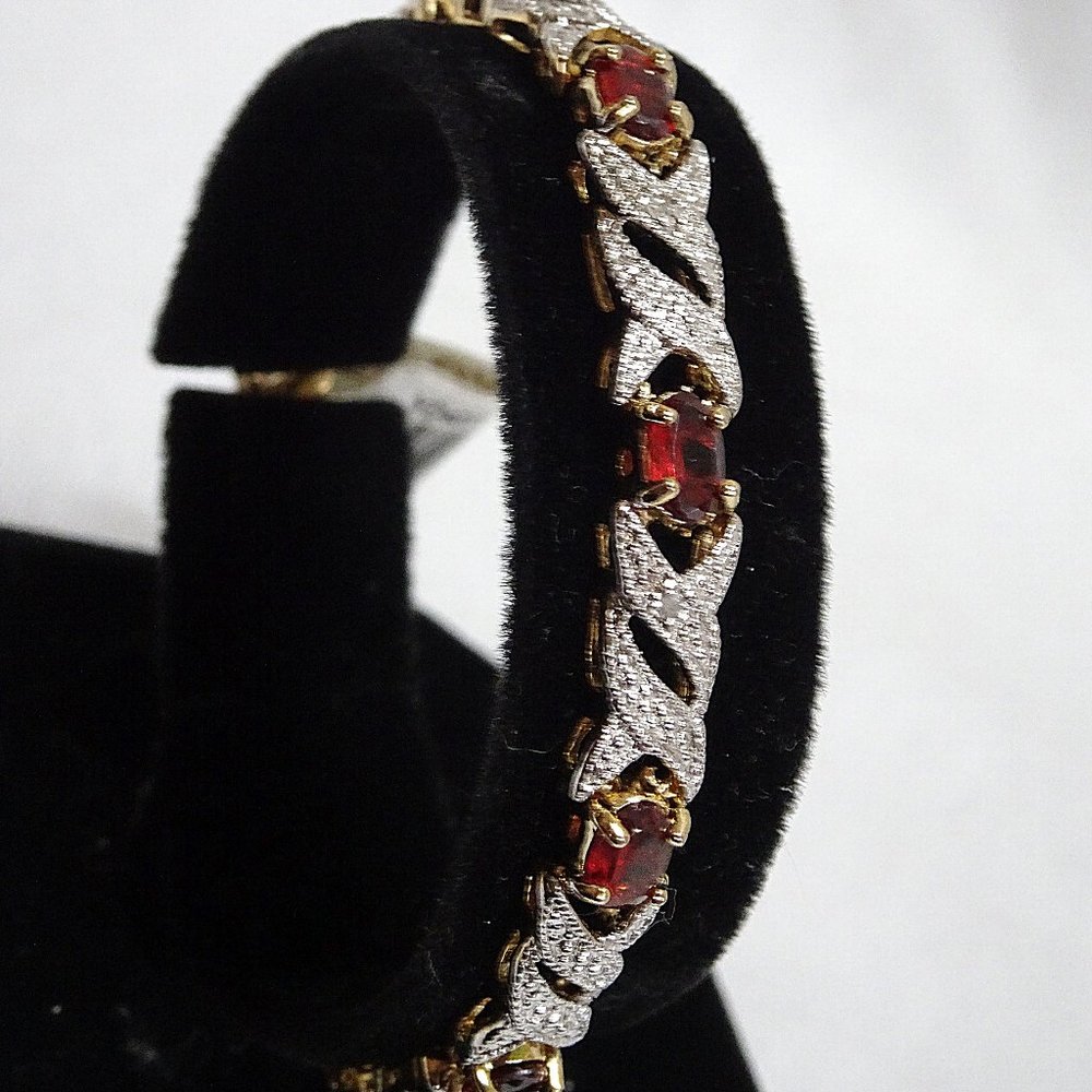 NWT January Birth Stone Garnet Diamond 24KT Gold .925 Silver Tennis Bracelet - Picture 9 of 13
